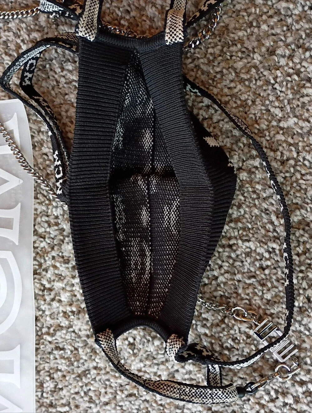 MCM Black and White Logo Face Mask with Silver Chain